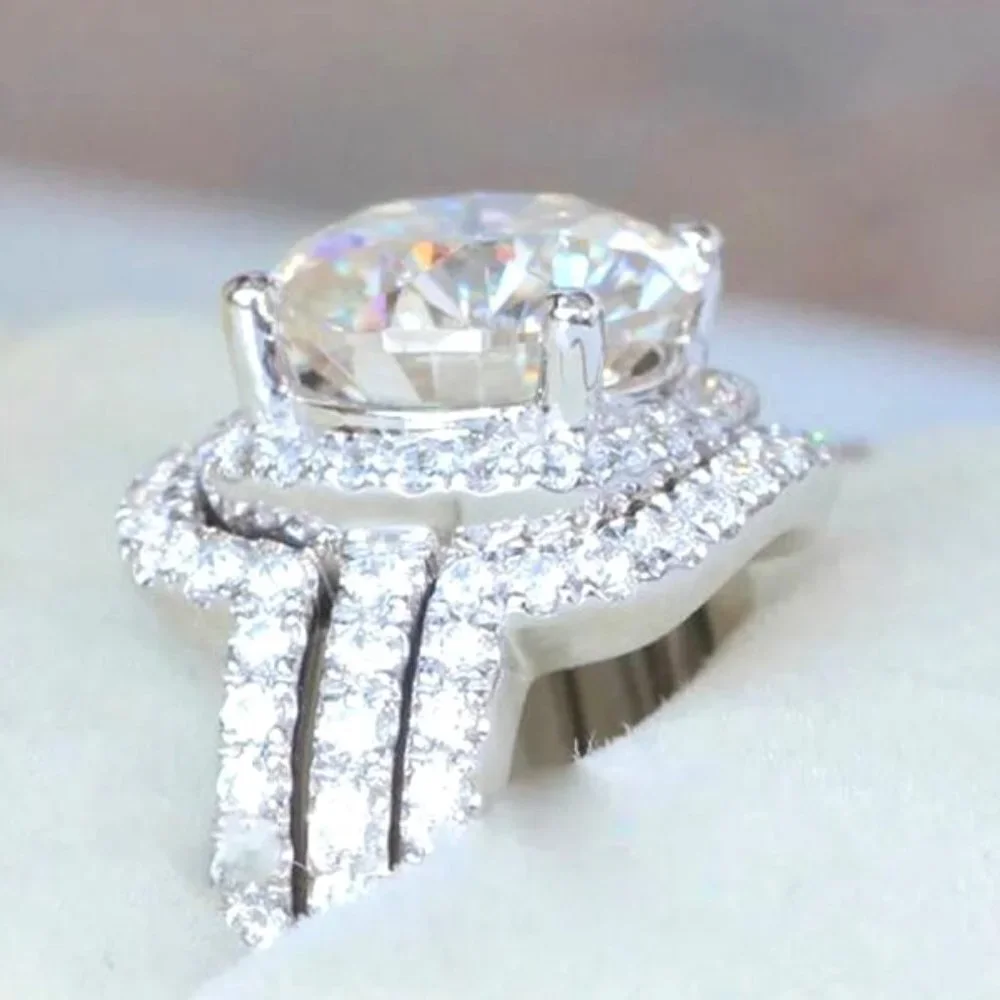 😍NEW 14K WHITE GOLD 3PCS/SET HALO BRIDAL STACK 💎DIAMOND RING SET, L121